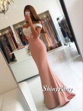 Best Selling Off the Shoulder Pink Mermaid Appliques Zipper Satin Sleeveless