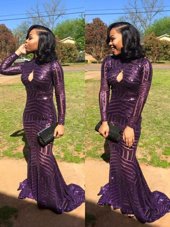 Spectacular Mermaid Eggplant Purple High-neck Zipper Sequins Mother Of The Bride Dress Sweep Train Long Sleeves