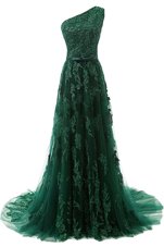 Super Dark Green A-line One Shoulder Sleeveless Tulle Sweep Train Zipper Beading and Appliques