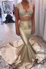 Elegant Mermaid Gold Zipper V-neck Appliques Prom Dress Satin Sleeveless Court Train