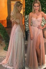 Wonderful Pink Sleeveless Tulle Sweep Train Backless Prom Dress for Prom