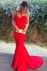 Romantic Mermaid Sleeveless With Train Ruching Zipper Prom Dress with Red Sweep Train