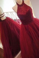 Pretty Burgundy Tulle Backless Halter Top Sleeveless With Train Pageant Dress for Teens Sweep Train Beading
