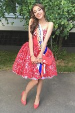 Fitting Sleeveless Lace Knee Length Zipper Pageant Dress for Girls in Red for with Ruffles
