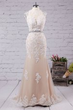 Mermaid Scoop Sleeveless Sweep Train Beading and Appliques Backless Prom Evening Gown