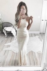 Sophisticated Mermaid Halter Top Sleeveless Lace Prom Dress Lace Zipper
