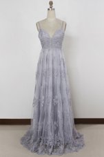 Hot Selling Lavender Tulle Backless Homecoming Dress Sleeveless With Train Sweep Train Appliques