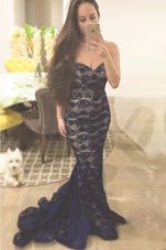 Flare Mermaid Sleeveless Sweep Train Lace Zipper Prom Evening Gown