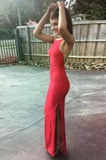 Wonderful Mermaid Scoop Sleeveless Elastic Woven Satin Floor Length Backless Celebrity Evening Dresses in Red for with Ruching