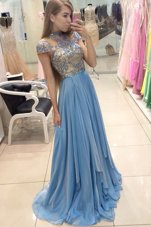 Glamorous Blue Prom Evening Gown Prom and For with Beading Scoop Cap Sleeves Sweep Train Zipper