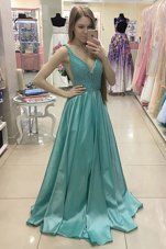 Popular Green Prom and For with Beading V-neck Sleeveless Sweep Train Zipper
