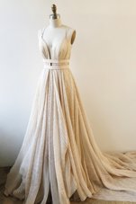 Super Champagne A-line Lace V-neck Sleeveless Lace and Sashes|ribbons With Train Backless Homecoming Dress Court Train