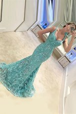 New Style Mermaid Turquoise Sleeveless With Train Appliques Zipper Dress for Prom