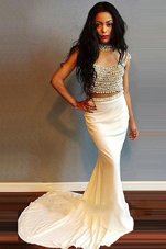 Most Popular Mermaid Scoop White Elastic Woven Satin Zipper Prom Dresses Cap Sleeves Sweep Train Beading