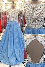 On Sale Blue A-line Scoop Cap Sleeves Satin Sweep Train Backless Beading and Lace Evening Dress