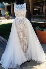 Pretty Champagne A-line Scoop Sleeveless Tulle Brush Train Zipper Lace Military Ball Gowns