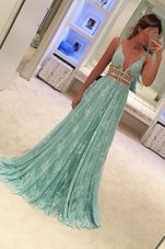 Luxurious Aqua Blue A-line Beading Prom Gown Zipper Lace Sleeveless