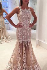 Best Mermaid Champagne Homecoming Dress Prom and For with Lace and Appliques Scoop Sleeveless Sweep Train Zipper