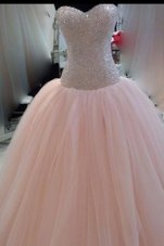 Traditional Floor Length Pink Military Ball Dresses For Women Tulle Sleeveless Beading and Sequins and Bowknot