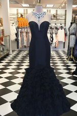 Traditional Mermaid Scoop Black Sleeveless Elastic Woven Satin Sweep Train Side Zipper Prom Party Dress for Prom