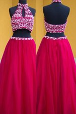 Fabulous Halter Top Fuchsia Sleeveless Floor Length Beading Backless Prom Party Dress