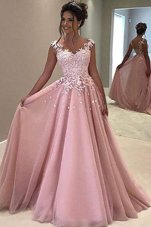 Colorful V-neck Sleeveless Tulle Prom Dress Appliques Sweep Train Zipper