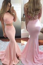 Elegant Mermaid With Train Pink Homecoming Dress Scoop Sleeveless Sweep Train Backless