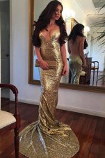 Elegant Mermaid Gold Backless V-neck Sequins Prom Gown Sequined Sleeveless Sweep Train