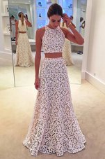 Customized Scoop Sleeveless Homecoming Dress Floor Length Lace Pink Lace