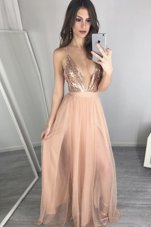 Cheap Sleeveless Tulle Floor Length Zipper Homecoming Dress in Peach for with Sequins and Pleated