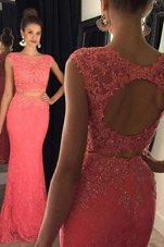 Mermaid Bateau Sleeveless Lace Going Out Dresses Beading and Appliques Sweep Train Backless