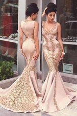 Customized Mermaid Pink Prom and For with Beading and Appliques Scoop Sleeveless Sweep Train Zipper