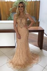 Designer Mermaid Lace Scoop Sleeveless Sweep Train Backless Beading in Champagne