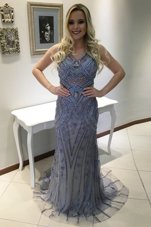 Pretty Mermaid With Train Backless Evening Dress Blue and In for Prom with Beading and Appliques Sweep Train