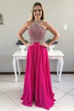 Unique Halter Top Fuchsia Chiffon Zipper Dress for Prom Sleeveless With Train Sweep Train Beading