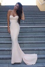 Modest Mermaid Elastic Woven Satin Sweetheart Sleeveless Sweep Train Backless Ruching Homecoming Dress in White