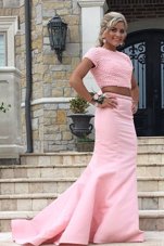Superior Mermaid Pink Scoop Neckline Ruching Prom Gown Sleeveless Backless