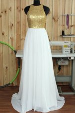 Dramatic Sequins White Dress for Prom Scoop Sleeveless Sweep Train Backless