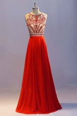 Lovely Chiffon Scoop Sleeveless Side Zipper Beading and Pleated Prom Dress in Orange