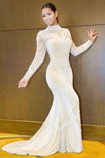 Sweet Mermaid White Tulle Backless High-neck Long Sleeves Prom Dresses Sweep Train Beading