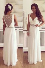 Glorious White Evening Dress Prom and For with Beading and Belt V-neck Sleeveless Zipper