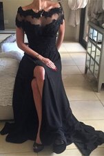 Off the Shoulder Black Short Sleeves Chiffon Sweep Train Backless Prom Evening Gown for Prom