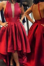 Eye-catching Scoop Sleeveless Homecoming Dress Online Asymmetrical Pleated Red Satin