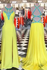 Nice Scoop Yellow Sleeveless With Train Beading Backless Prom Dress