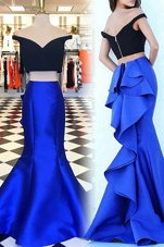 Enchanting Mermaid Off the Shoulder Royal Blue Short Sleeves Sweep Train Ruffles With Train Celebrity Evening Dresses