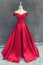 Custom Designed Satin Off The Shoulder Short Sleeves Sweep Train Zipper Sashes|ribbons and Bowknot Womens Evening Dresses in Red