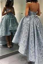 Suitable Grey Sleeveless Lace Backless Cocktail Dresses for Prom and Party