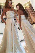 Inexpensive White Satin Zipper Sweetheart Sleeveless Floor Length Prom Party Dress Beading and Lace
