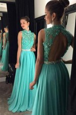 Custom Design Scoop Turquoise Chiffon Backless Sleeveless Floor Length Beading and Lace
