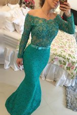 Fabulous Mermaid Off The Shoulder Long Sleeves Mother Of The Bride Dress Floor Length Beading Turquoise Lace